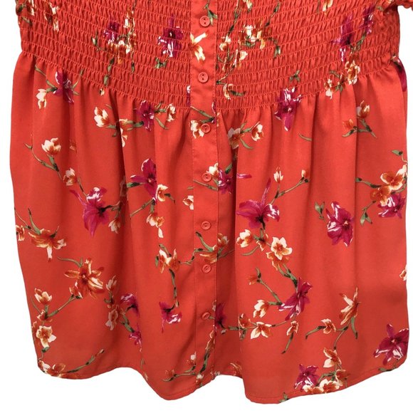 Atmosphere Off the Shoulder Smocked Red Orange Floral Top 4 - Picture 6 of 8